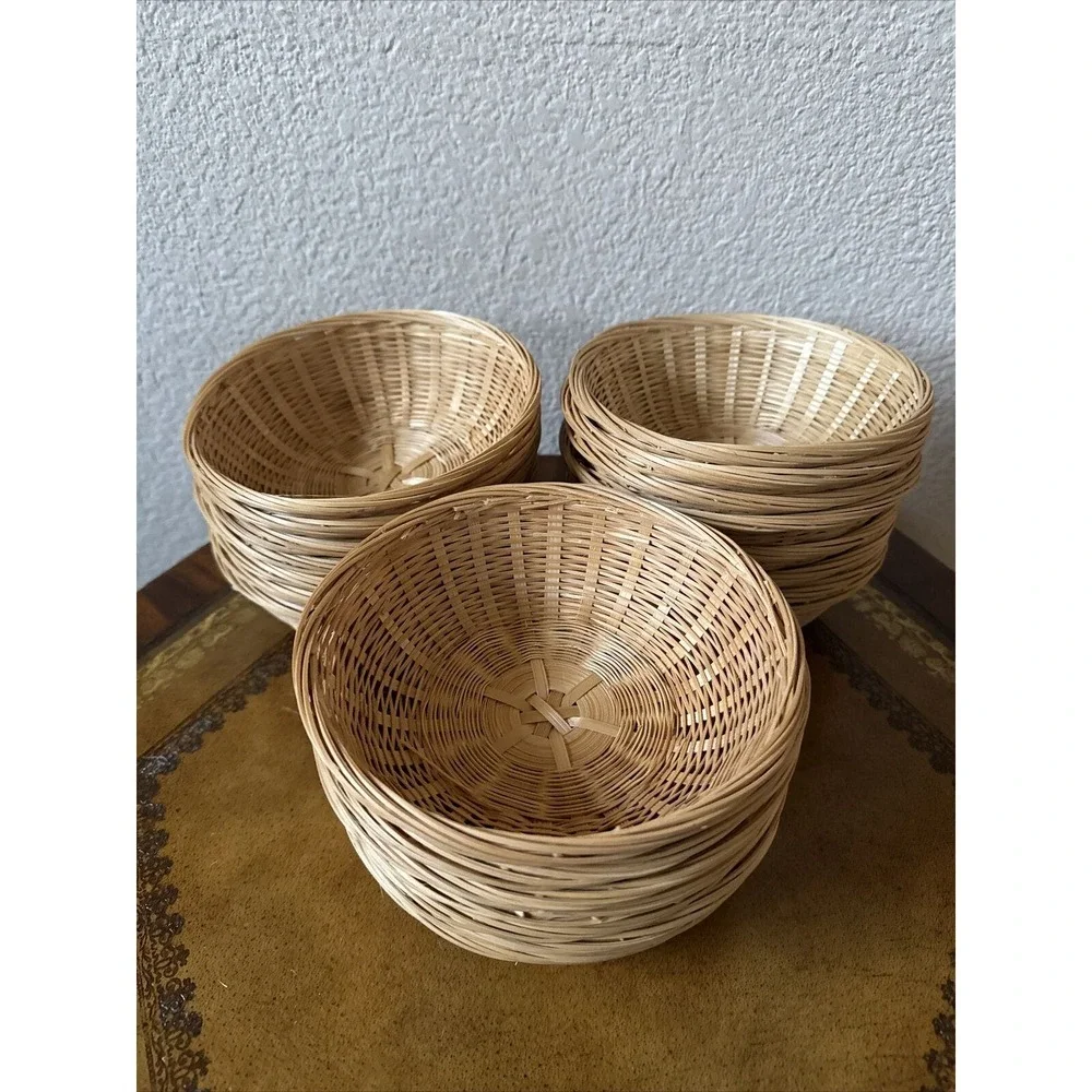 Vtg Set Of 22 Wicker Woven Basket Bowls‎ Boho Decor Serving Bowl - 6”